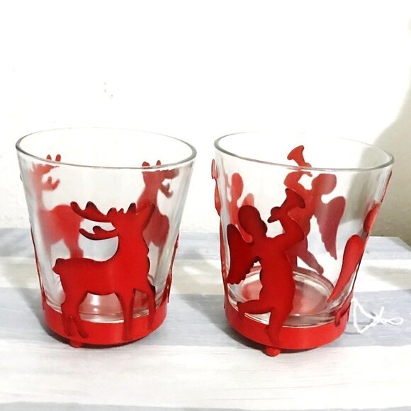 Vintage Red Metal Reindeer & Angel Glass Candle Holder Set Holiday Décor - Picture 1 of 6